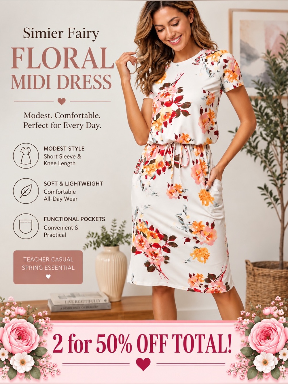 Simier Fariry Floral Midi Dress Women’s S White Orange Short Sleeve
